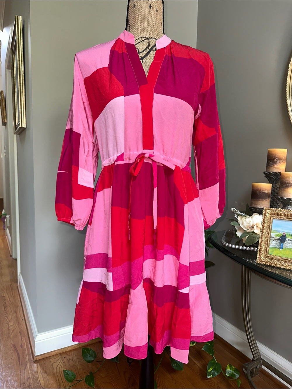 Vibrant Pink & Red Gathered-Waist Midi Dress 100% silk size XXS